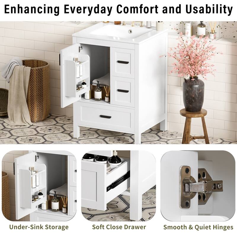 Modern 24" Bathroom Vanity with Ceramic Sink - Soft-Close Door with Double Shelf, 3 Drawers,for Small Spaces