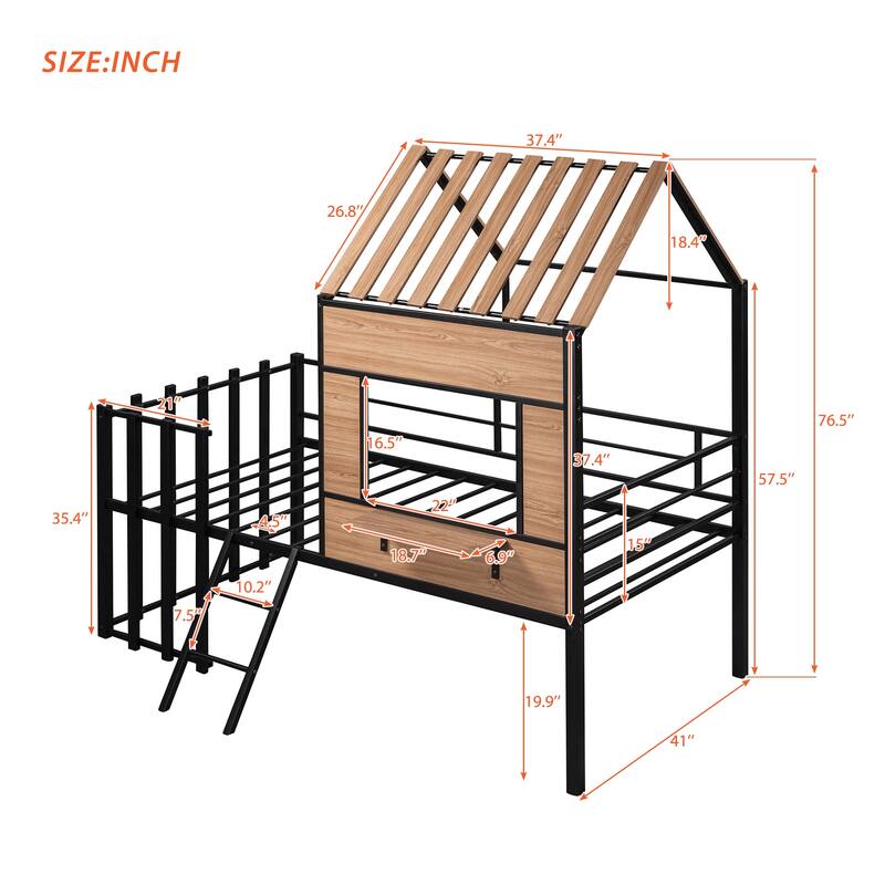 Metal Twin size Loft Bed with Roof, Window, Guardrail, Supported By An