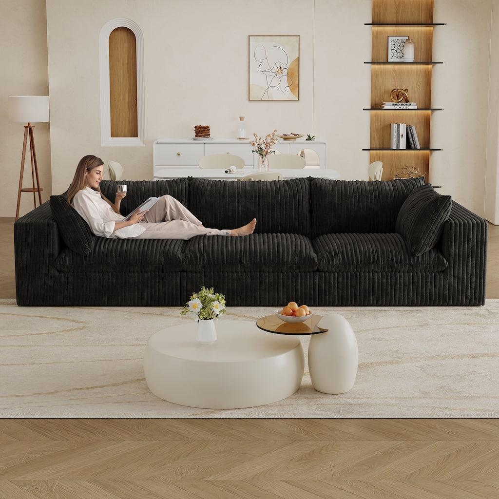 Pure Sponge Frame Lounge Sofa 3 Seater Corduroy Upholstered Modular Couch with Removable Down Fill Cushions and Pillows