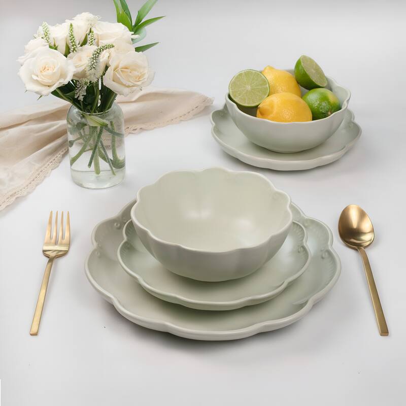 Sango Bethany 12-Piece Stoneware Dinnerware Set - Service for 4, Scalloped Plate & Bowl Set