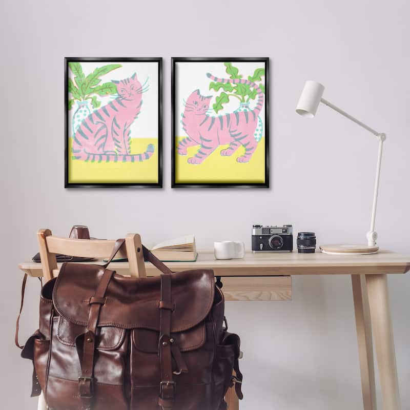 Stupell Pastel Pink Cats & Plants Framed Floater Canvas Wall Art Design By Hannah Moren (Set of 2)