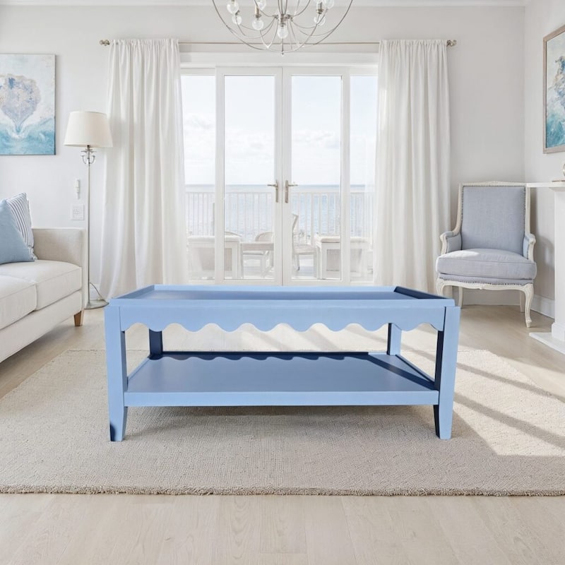 Carolina Chair & Table Scallop Coffee Table - Rectangular Mango Wood Side Table - Decorative Edge and Lower Shelf