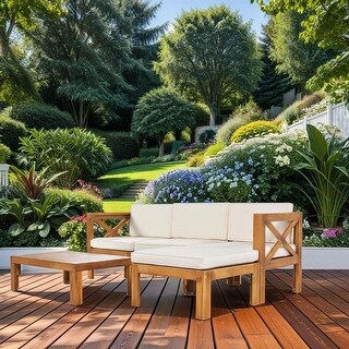 TOPMAX Outdoor Backyard Patio Wood 5-Piece Sectional Sofa Seating Group Set with Cushions, Natural Finish+ Beige Cushions
