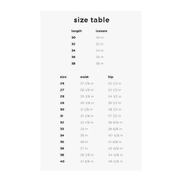 waist size pant size chart