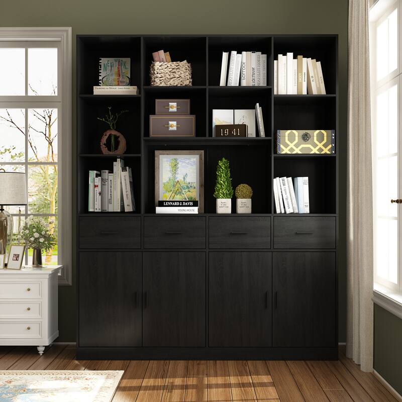 78.7" Large Bookcase,4 door, 4 drawer with Display Storage Shelves - 78.7"H x 63"W