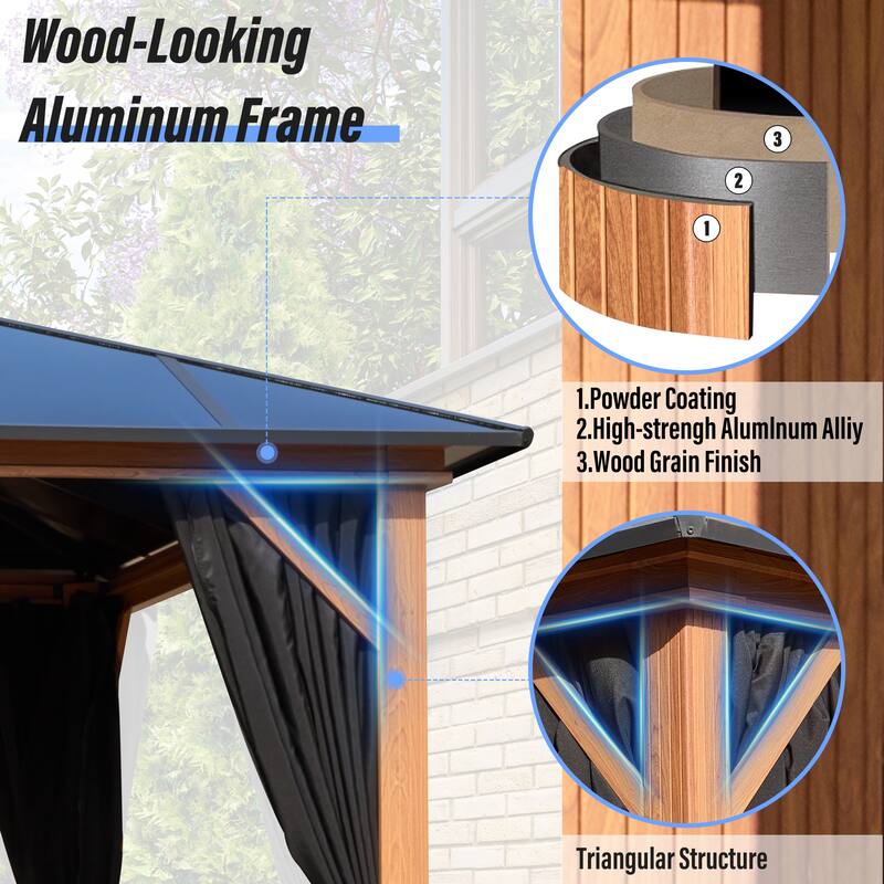 EROMMY Outdoor Wood Gazebo with Double Polycarbonate Roof, Heavy Duty Backyard Patio Pergola Canopy for Garden Shade