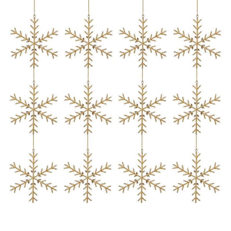 Golden Beaded Snowflake Christmas Hanging Ornaments, Set of 12, 10"
