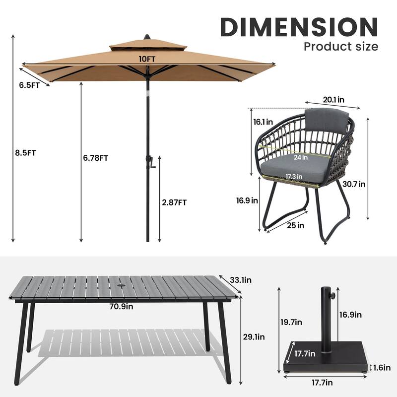 9/11-piece Outdoor Dining Set w/ Umbrella and Base Aluminum Dining Table and PE Rattan Wicker Chairs