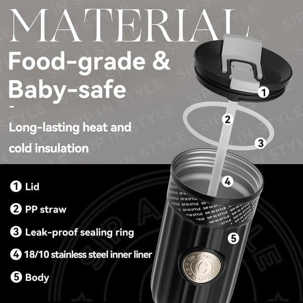 17 oz Leak Proof Tumbler with Lid and Straw, 18/10 Stainless Steel Tumbler - Black