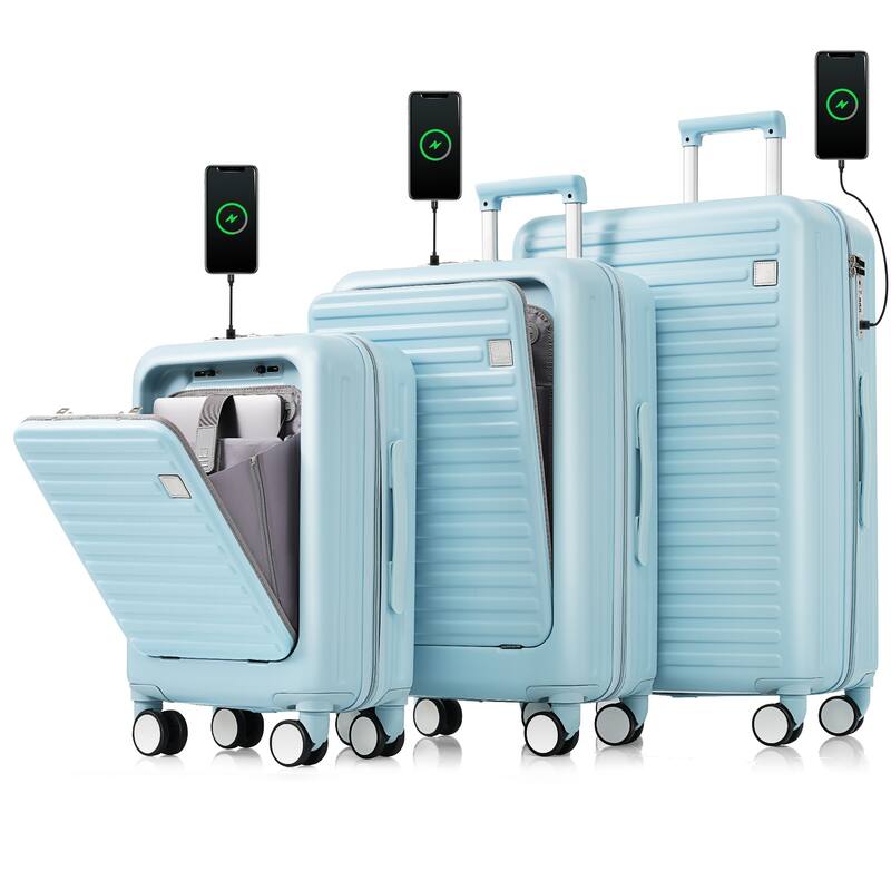 Merax 3 Piece ABS Hardshell Front-Opening Luggage Sets, Carry on Suitcase with USB Port and Cup Holder & Spinner Wheels
