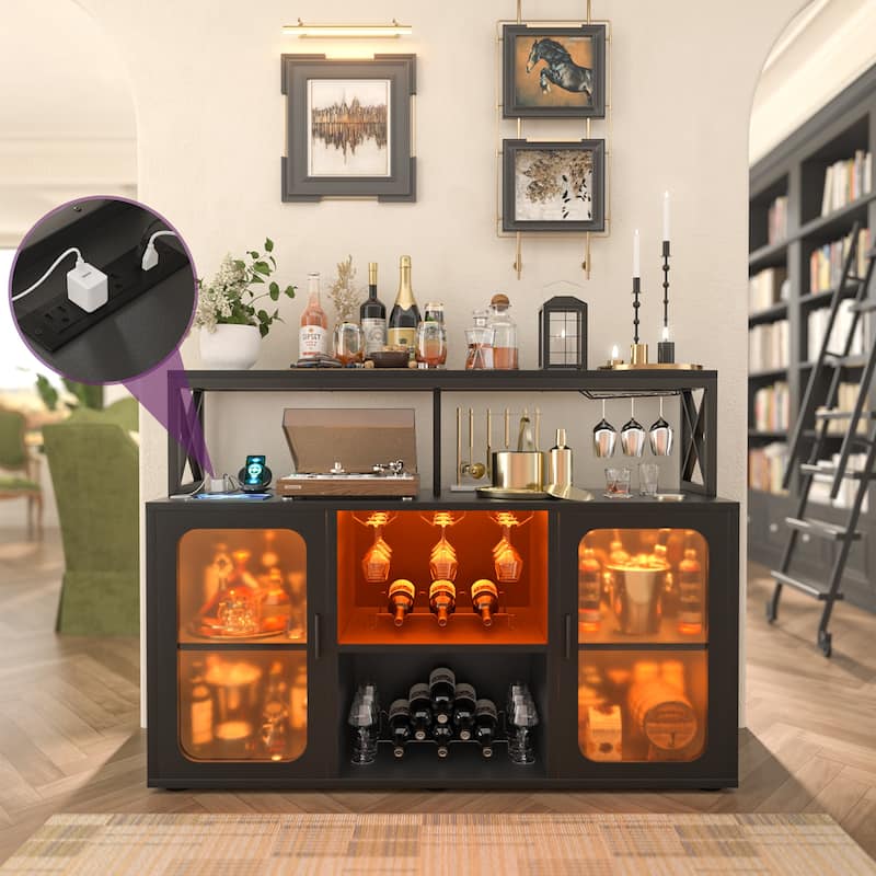 Buffet Sideboard Cabinet Wood Coffee Bar Cabinet with Charging Station and LED lights