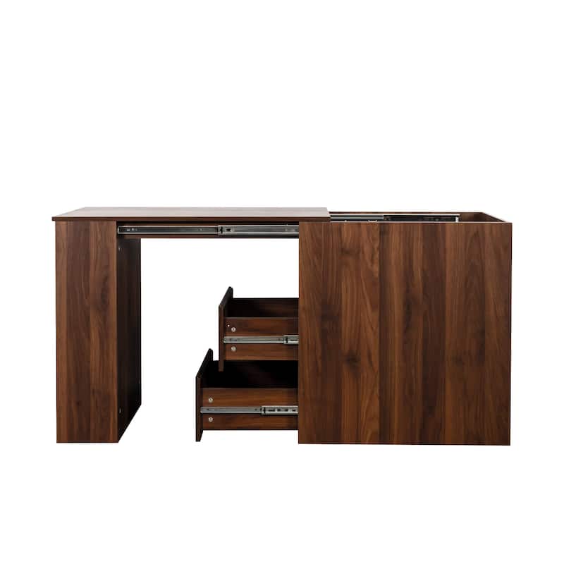 Wood Corner Computer Desk with Drawers, Extendable Office Workstation, Study Writing Desk with Storage for Home Office