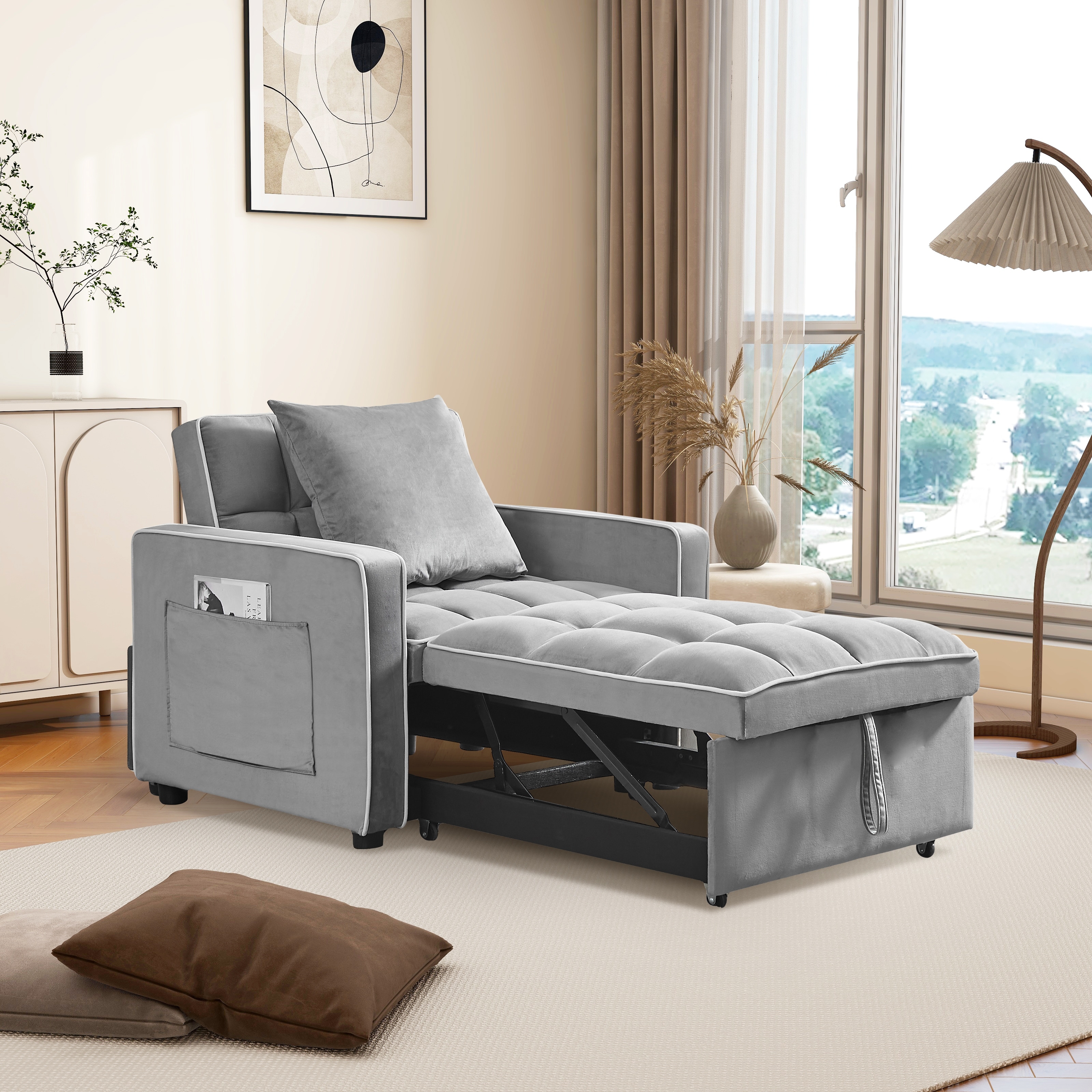Velvet Convertible Single Sofa Chair Bed With Adjustable Backrest And Storage Pocket