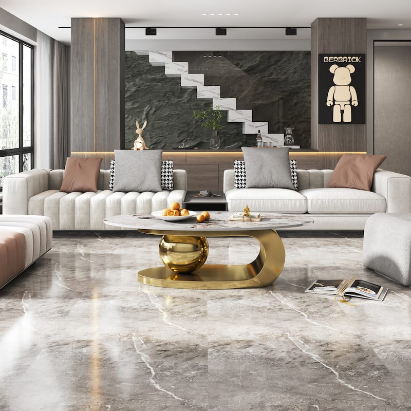 Modern Marble-Effect Coffee Table Stylish Coffee Table Oval Coffee Table with Base Perfect,for Living Room