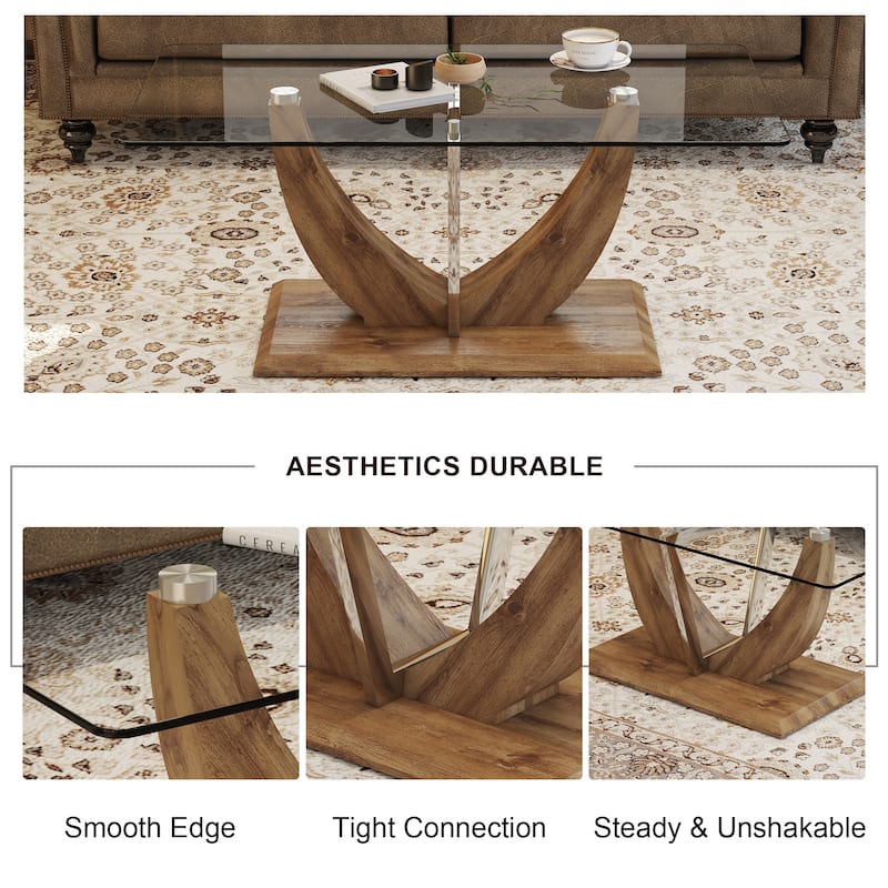 Modern Minimalist Transparent Tempered Glass Coffee Table With Wooden Mdf Legs