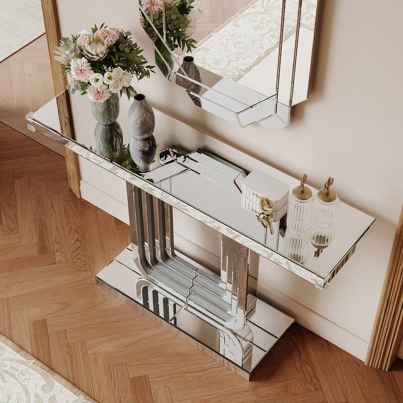 GDF Studio - Modern Silver Mirrored Console Table with U-Shaped Base