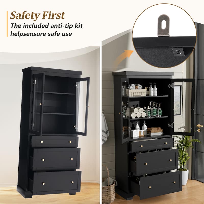 70.1-Inch Modern Freestanding Tall Storage Cabinet with 2 Adjustable Shelves & 3 Soft-Close Drawers – Glass Door Design.
