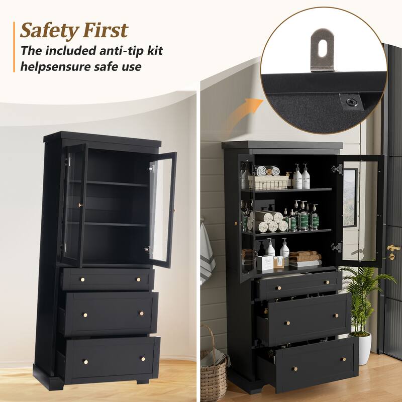 Modern Freestanding Bathroom Cabinet 70.1"H with Glass Doors, Adjustable Shelves, 3 Drawers, Anti-Tip Design