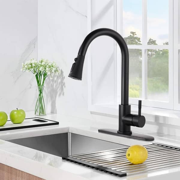 slide 1 of 18, BATHLET Single Handle High Arc Pull Out Kitchen Faucet with Pull Down Sprayer