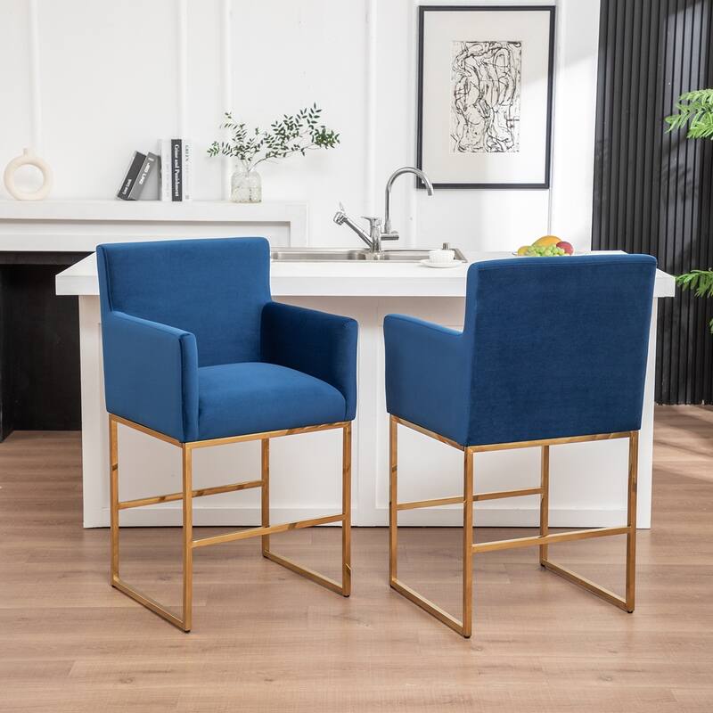 SEYNAR Mid Century Modern Velvet Accent Armrest 27-inch Tall Bar Stool Set of 2 with Metal Frame