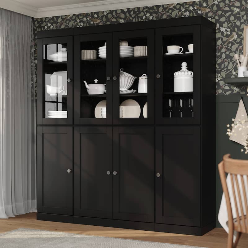 Palace Imports 100% Solid Wood 65" Pantry Cabinet with Clear Glass, Shaker Doors and Adjustable Shelves - Black