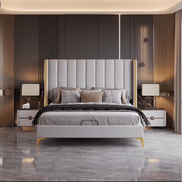 56 Tall Headboard Channel Tufted Bed Frame Queen King Size PU Leather Platform Bed Frame with Metal Legs for Bedroom Bed Bath Beyond 39496335