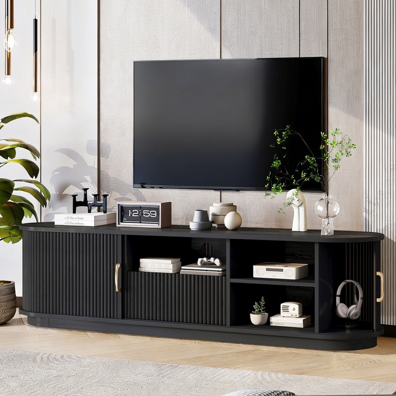 Farmhouse Fluted TV Stand with Sliding Wood Slatted Doors for TVs up to 75 inches