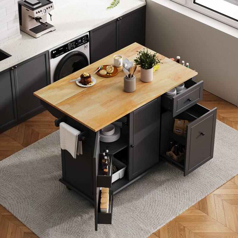 Rolling Kitchen Island with Drop Leaf, Wood Spice Storage Cabinet with Internal Storage Rack and 3 Tier Pull Out Cabinet