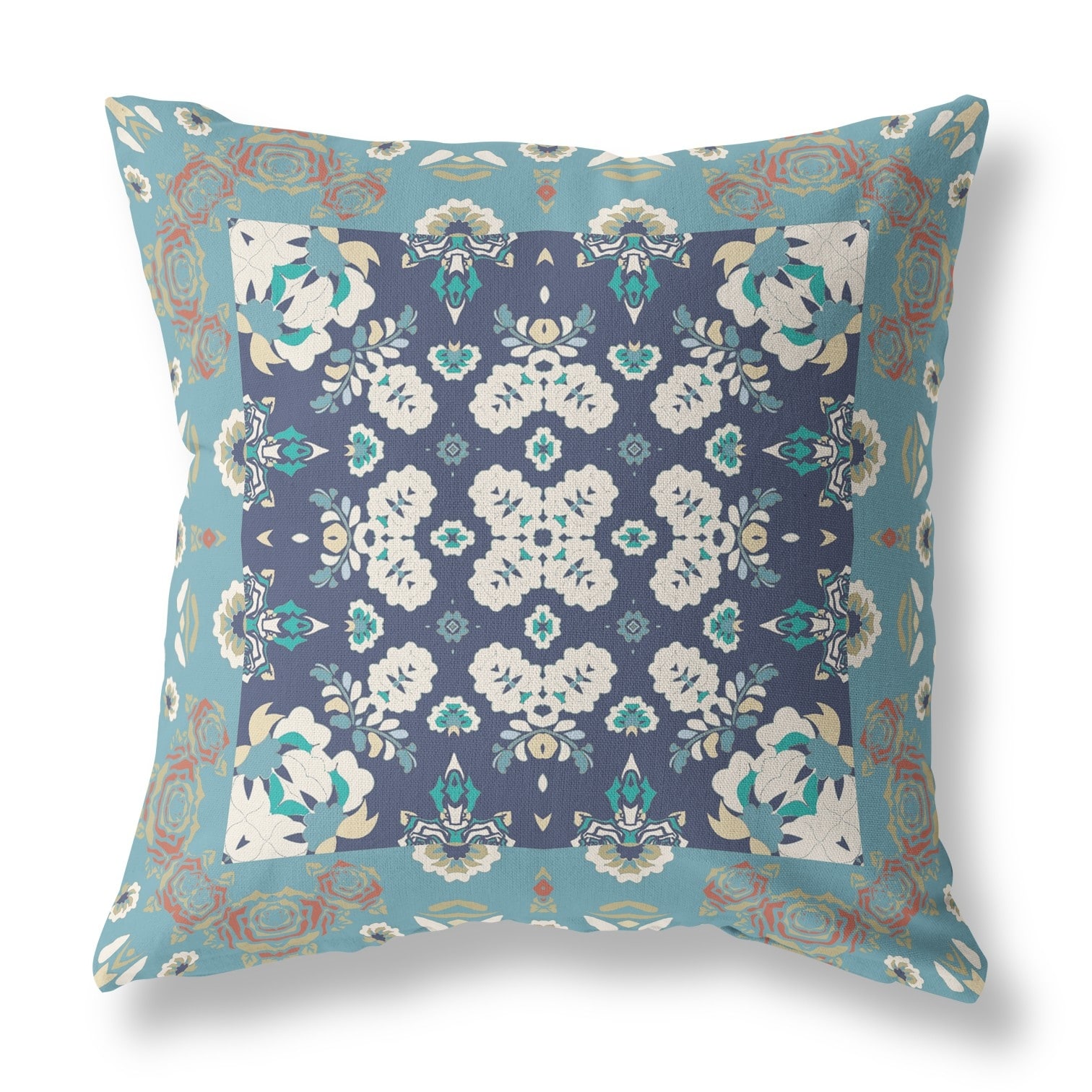 20" X 20" Gray And Blue Broadcloth Floral Throw Pillow