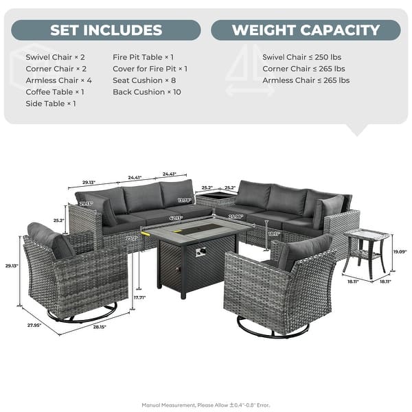 dimension image slide 0 of 6, HOOOWOOO 11-piece Rattan Wicker Outdoor Furniture Set Swivel Chairs with Fire Pit