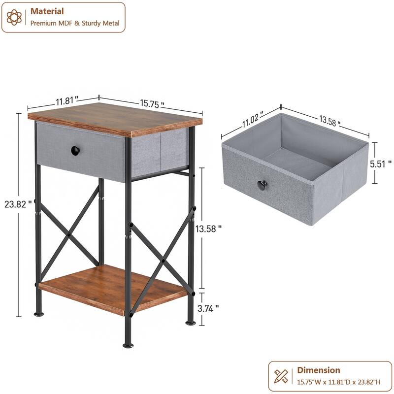 Javlergo Set of 1 or 2 Modern X-Shape End Table with Removable Fabric Drawer & Open Shelf for Living room bedroom study room