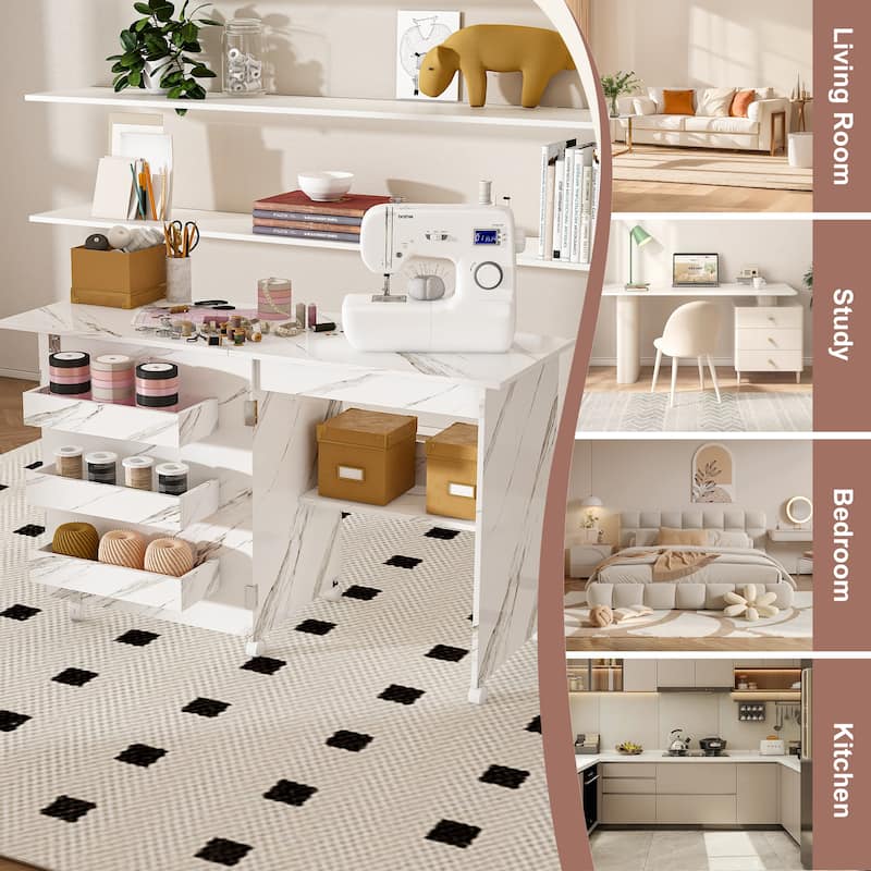 Roomfitters 4 in 1 Folding Sewing Table on Wheels, Craft Station with Shelves, Rolling Workbench & Storage, White