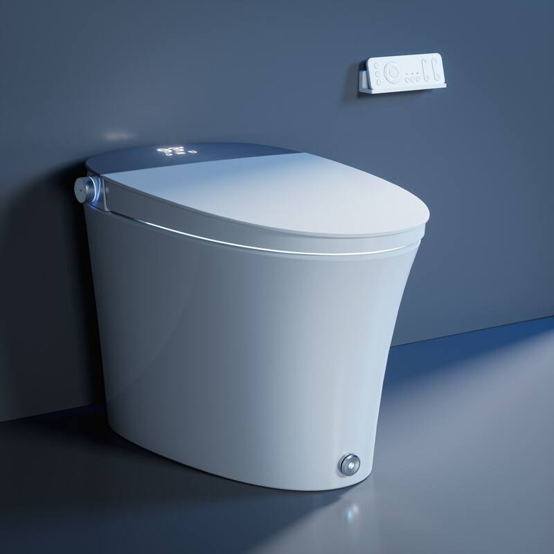 Smart Bidet Toilet with Internal Tank and Flush Pump, 17" Chair Height, Heated Seat, Wash/Dry, Remote - White