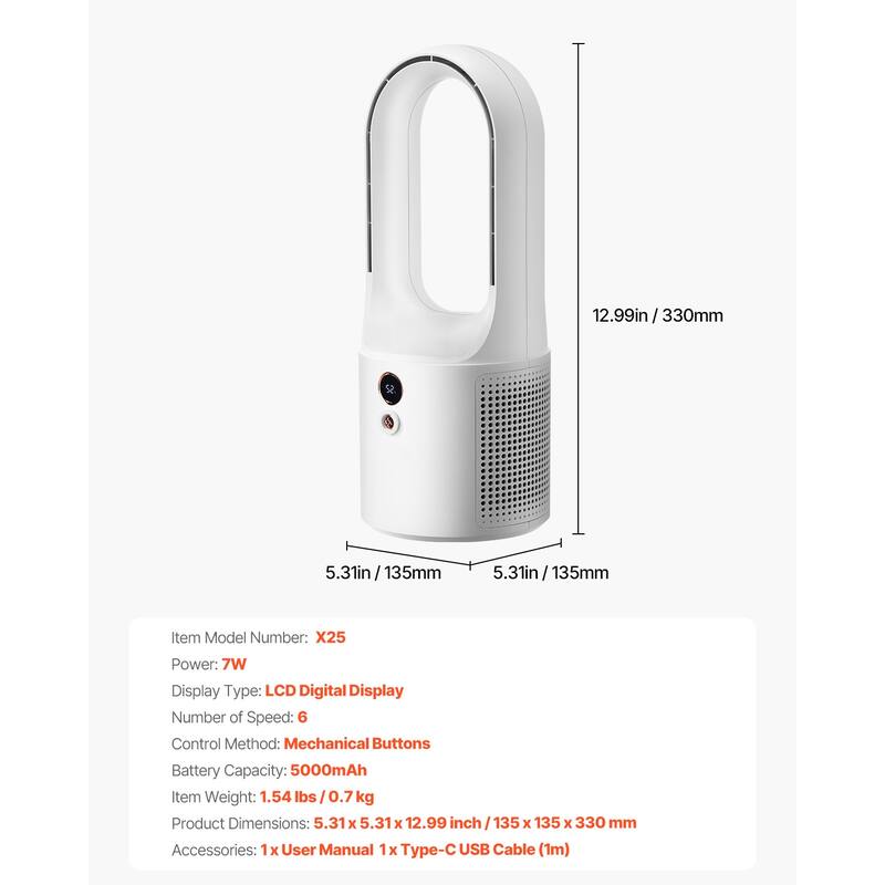 Portable Desk Bladeless Fan 6-Speed with Battery for Bedroom Office