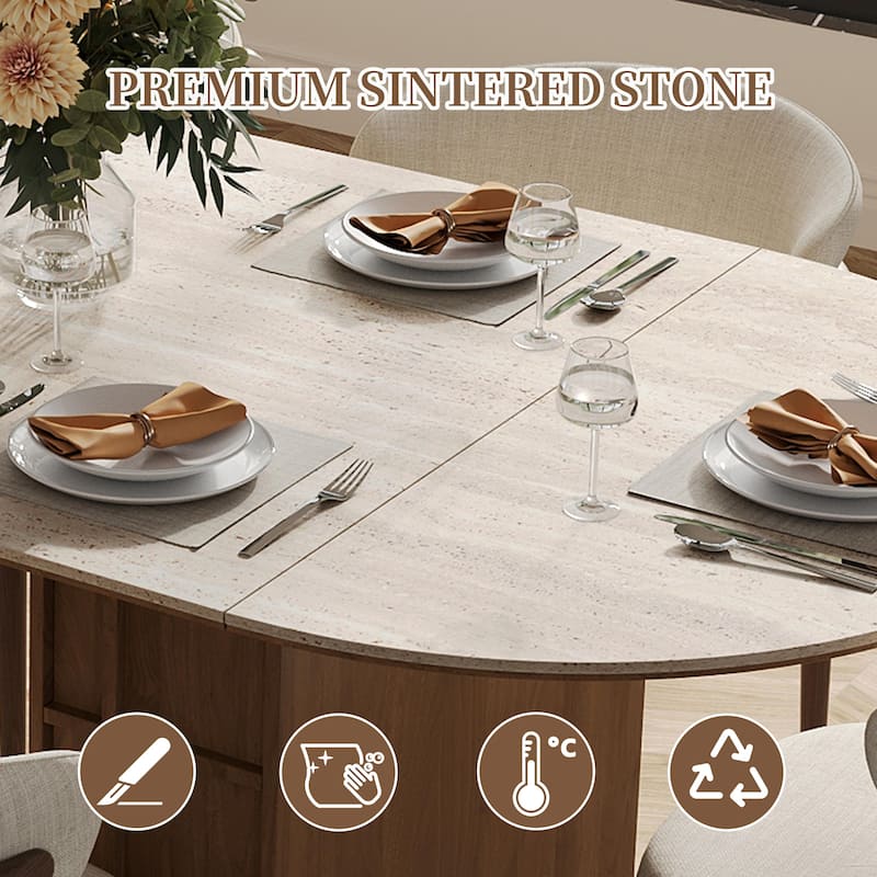 71" Extendable Oval Dining Table For 4-6, Modern Kitchen Table With Travertine Sintered Stone Top & Storages, Beige