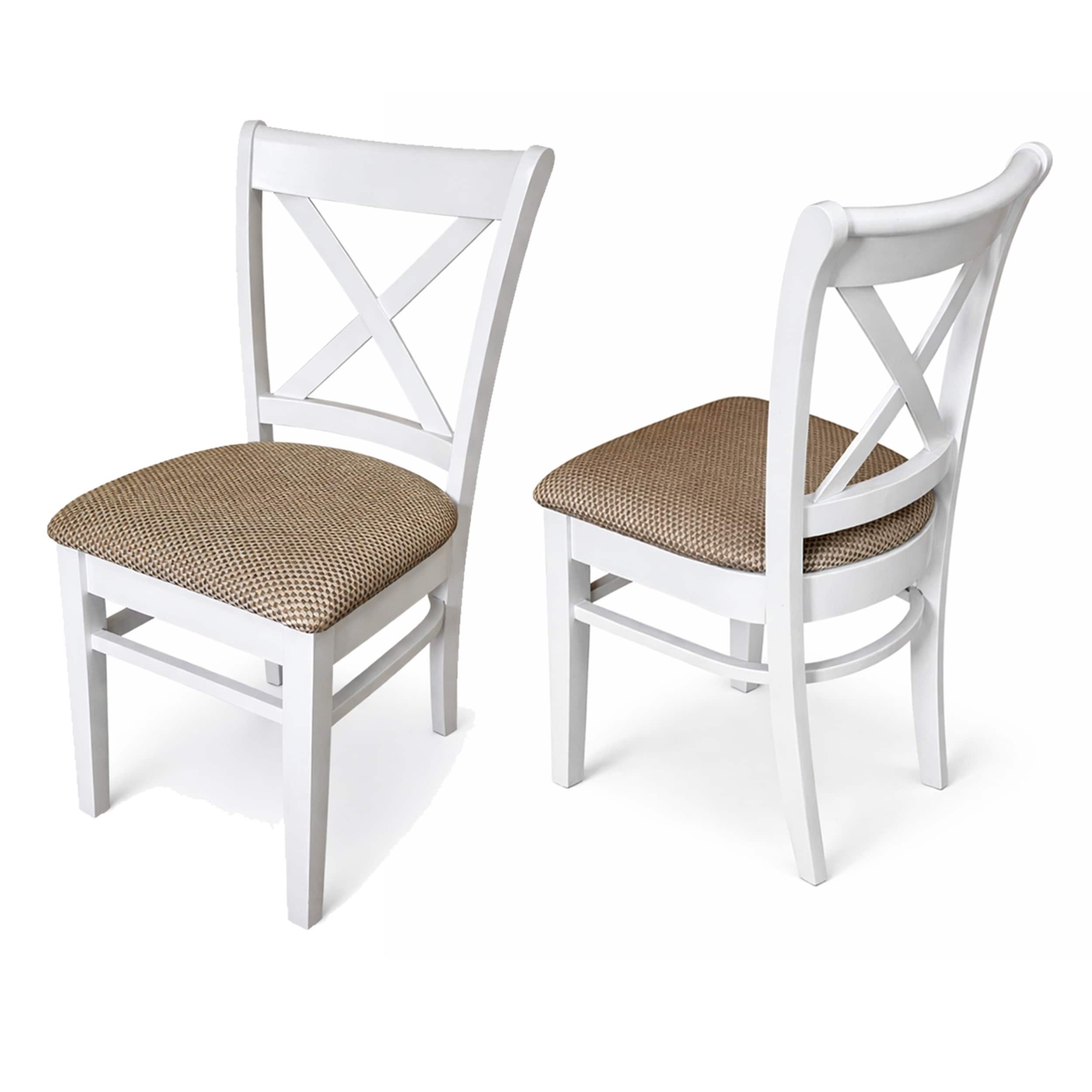 Traditional Dining Chairs, Set of 2, White Finish with Brown Polyester Upholstered Seats Solid Rubberwood