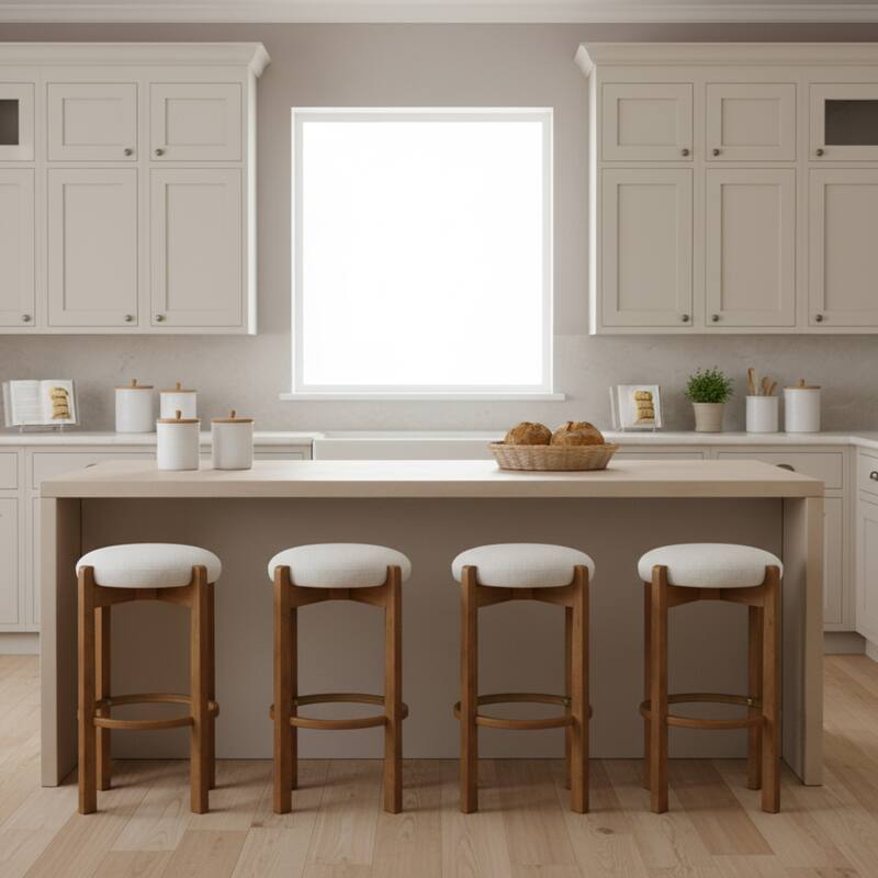 Roomfitters Tara Indoor Wooden Barstools with Ivory Upholstery, Light Walnut Finish