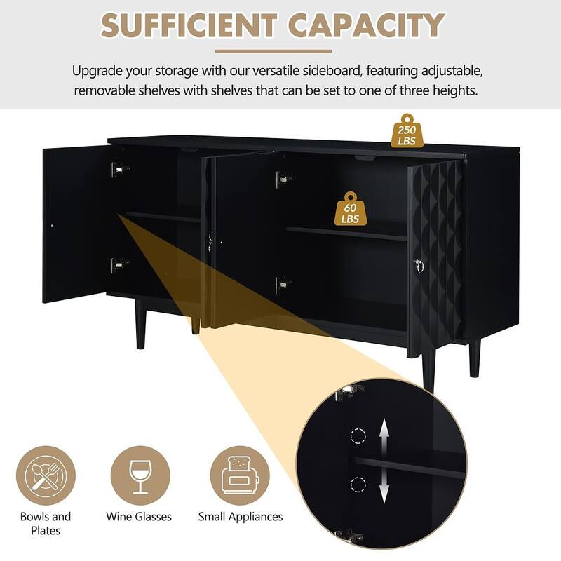 60" Modern 4-Door with Convex Pattern Doors and Silver Handles Buffet/Sideboard