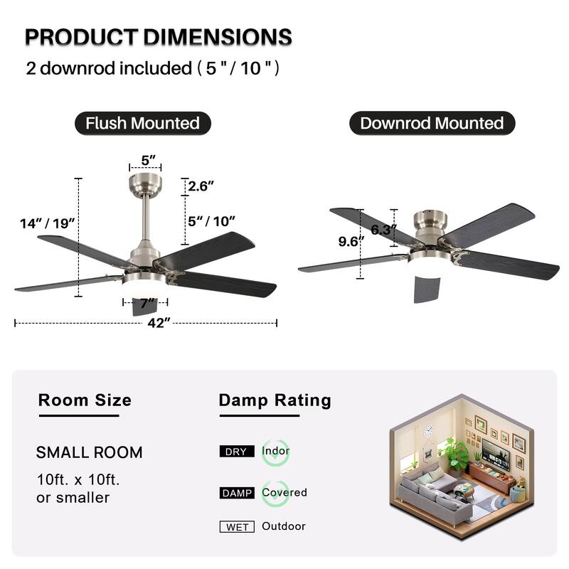 42-inch Flush Mount and Downrod Mount Ceiling Fan with Light and Remote, 5 Plywood Blades - 42 Inch diameter