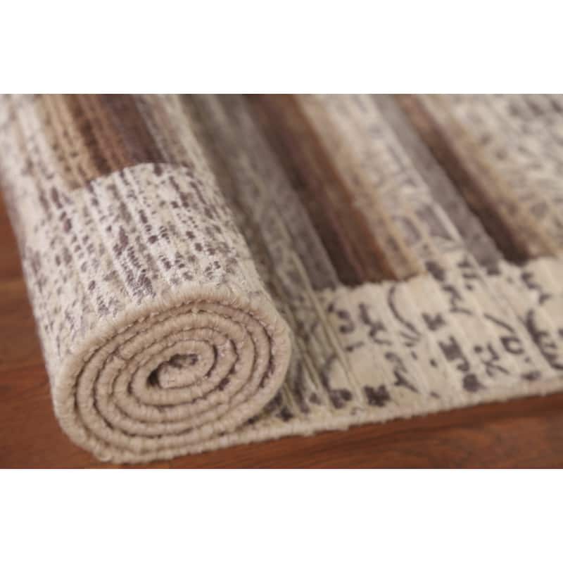 Striped Abstract Accent Rug Handmade Beige Wool Carpet - 2'8"x 4'8"
