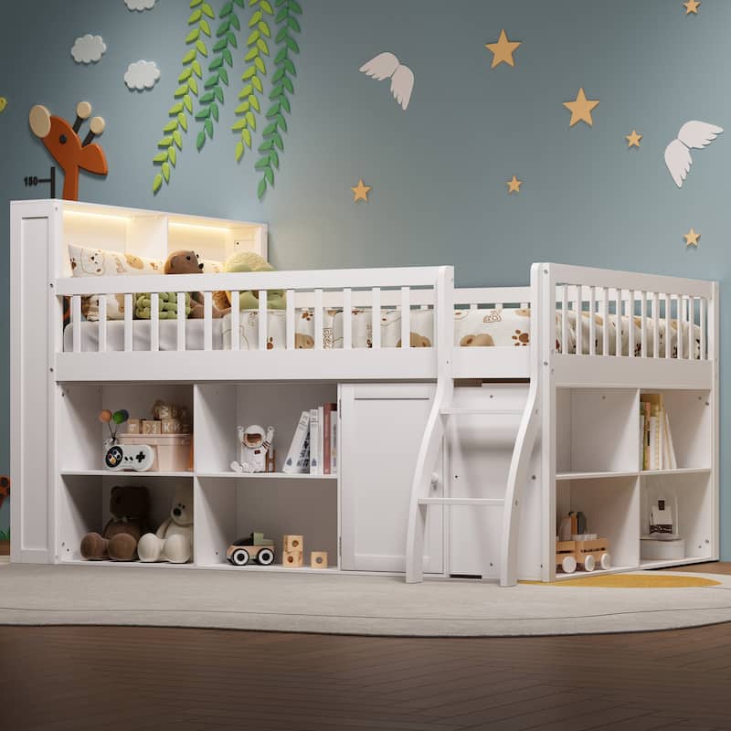 GDFStudio - PureSpace Modern Wooden Loft Bed with Storage and LED Headboard - Full - White