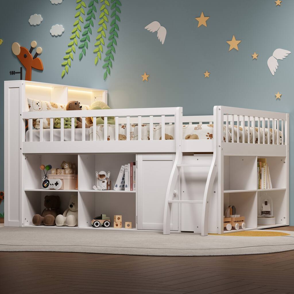 Roomfitters Full/Queen Loft Bed with Storage Shelves and LED Headboard