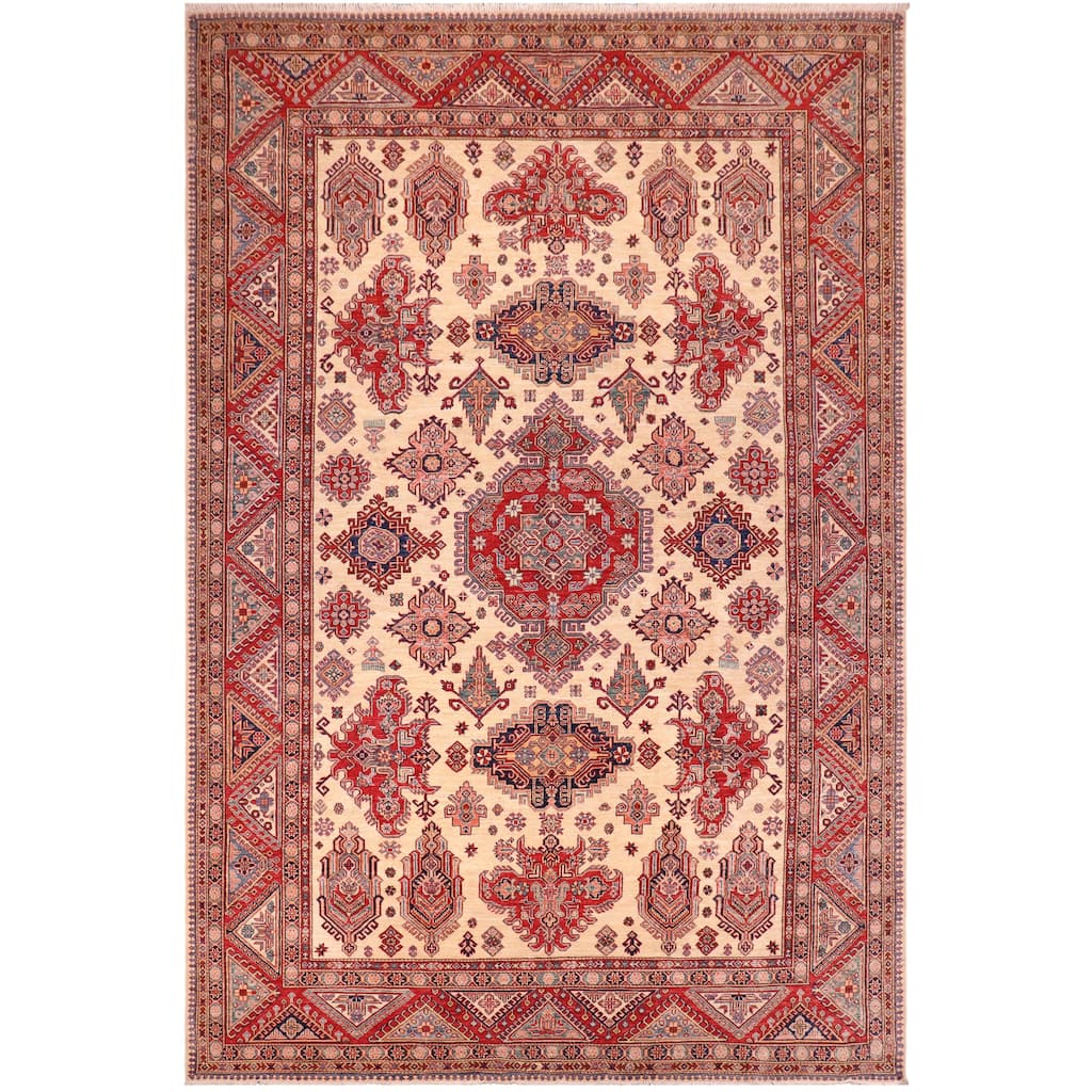 Rustic Super Kazak Raven Natural/Red Hand Knotted Wool Rug - 8'8'' x 12'4''
