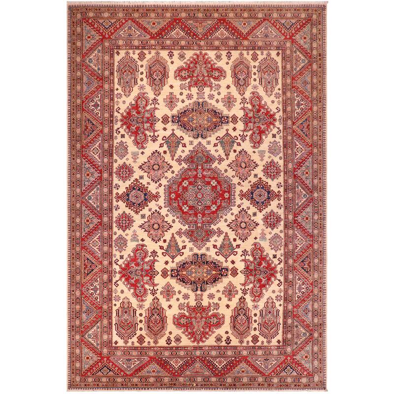 Rustic Super Kazak Raven Natural/Red Hand Knotted Wool Rug - 8'8'' x 12'4''