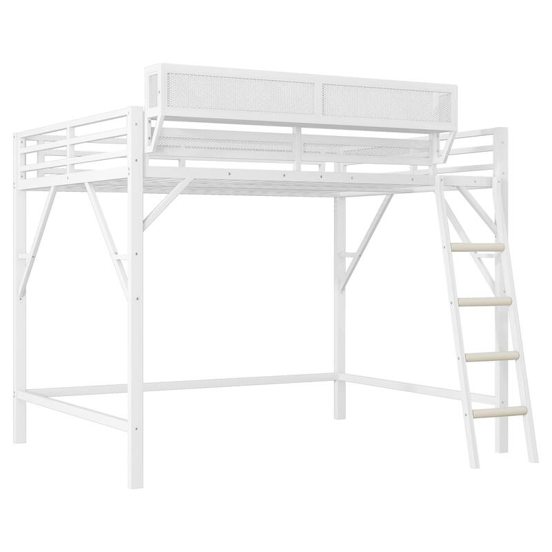 Queen Size Metal Loft Bed with Storage Shelves and Ladder, White