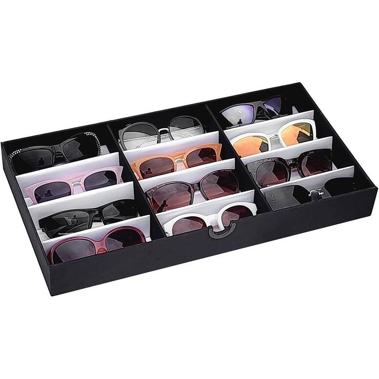 144 Eyeglass Storage Organizer Cabinet, 12 Sunglass Holder Trays, Faux Leather Eyewear Display with Wheels, Black Color - S