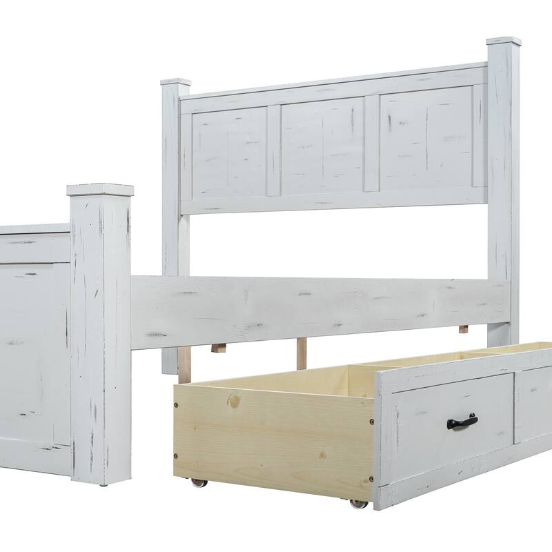 White Distressed Platform Bed Frame Wood Panel Bed w/ 3 Storage Drawers