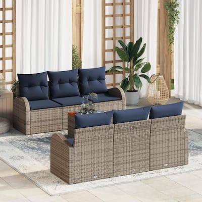vidaXL 7 Garden Sofa Set with Cushions Black/Grey Poly Rattan - 70.5 x 24.4 x 27.2