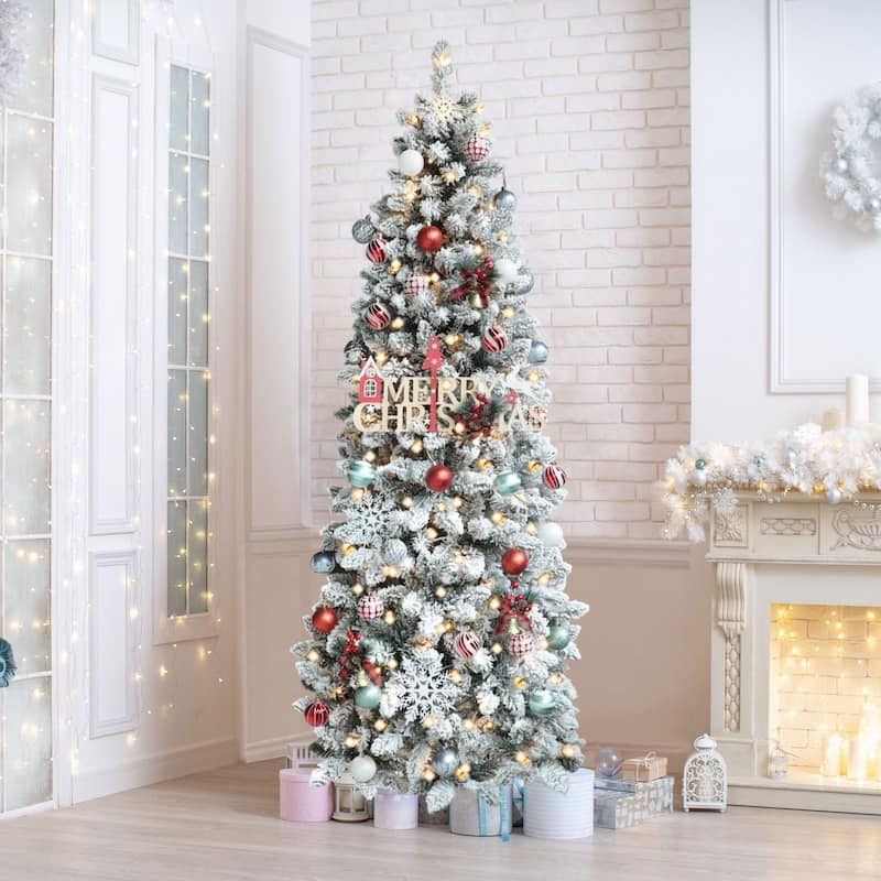 VEIKOUS Pre-Lit Artificial Christmas Tree Pencil Snow with Foldable Iron Stand with LED lights, 5.5/6.5/7.5 ft - 6.5 Foot - White