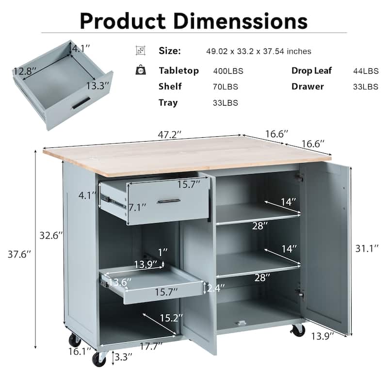 Roomfitters Kitchen Island with Foldable Counter Top, Kitchen Storage Cart with Slide-Out Shelf, Towel Rack and Drawer